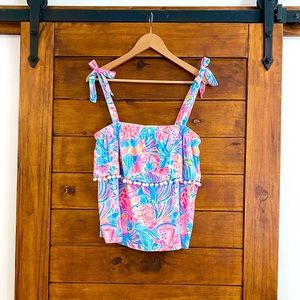 Lilly Pulitzer Benita top multi tropical punch sz M Pom Pom trim strap ties